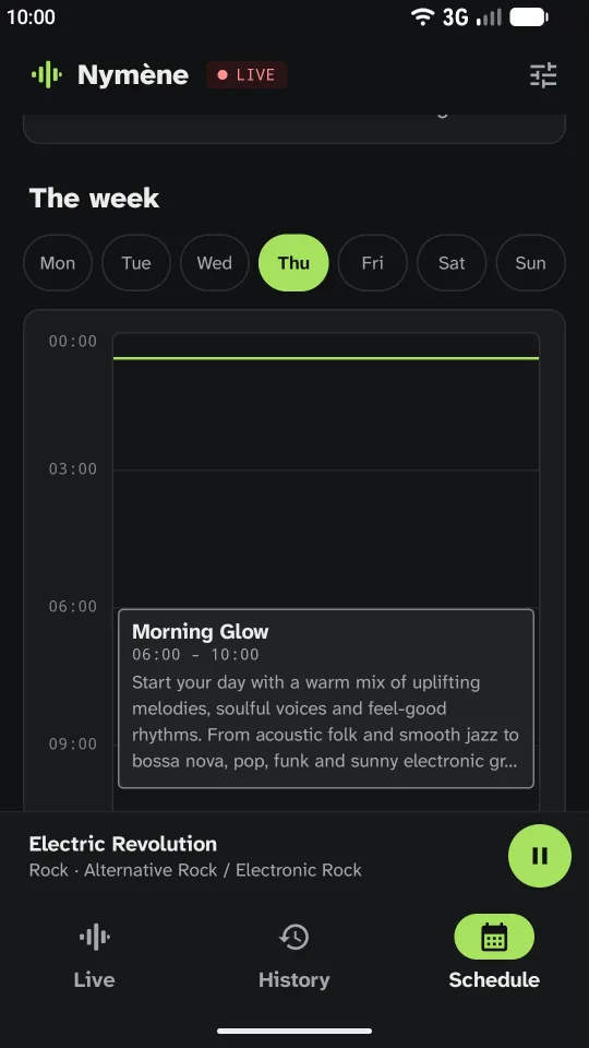 Schedule in the Android app: a weekday picker and the day’s grid, with the Morning Glow programme from 6 to 10 am.