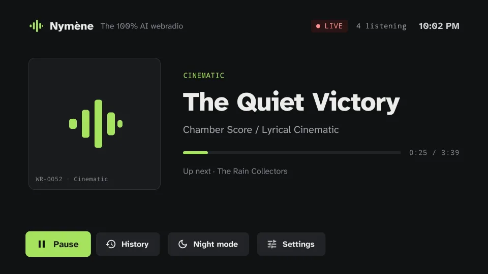Main screen of the Android TV app: the track on air, the next one and the Pause, History, Night mode and Settings buttons.