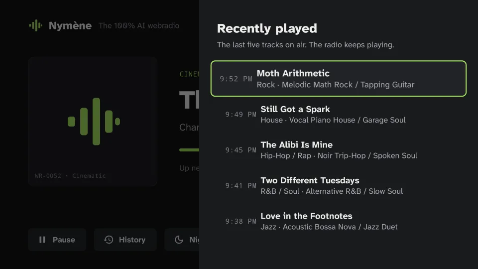 History panel of the Android TV app: the last five tracks played on air.